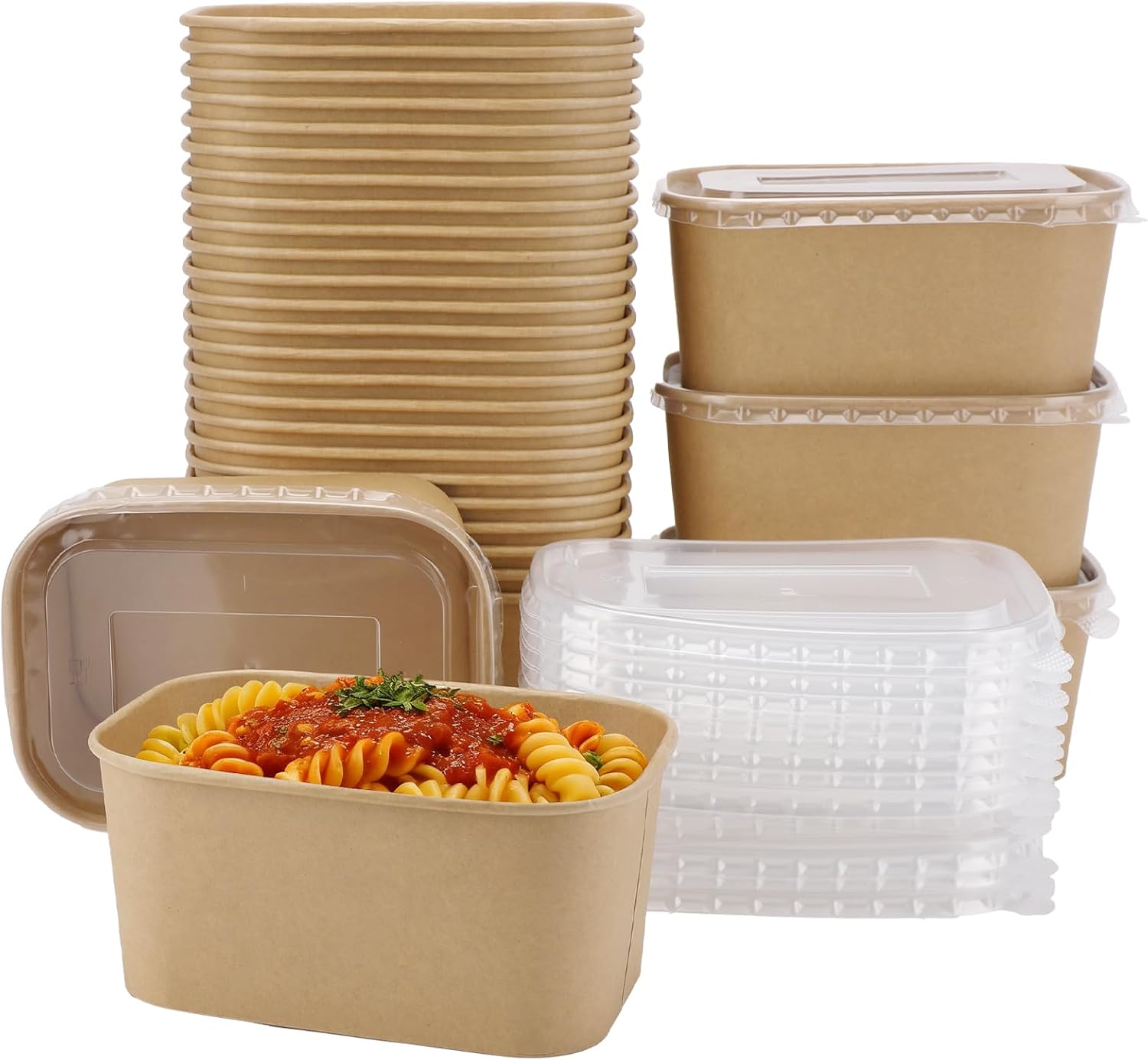 50 Sets 34 OZ Disposable Kraft Paper Bowls with Lids, Meal Prep Containers Disposable Large Paper Bowls, Microwavable and Freezer Storage Use Cardboard Food Containers (1000ml)