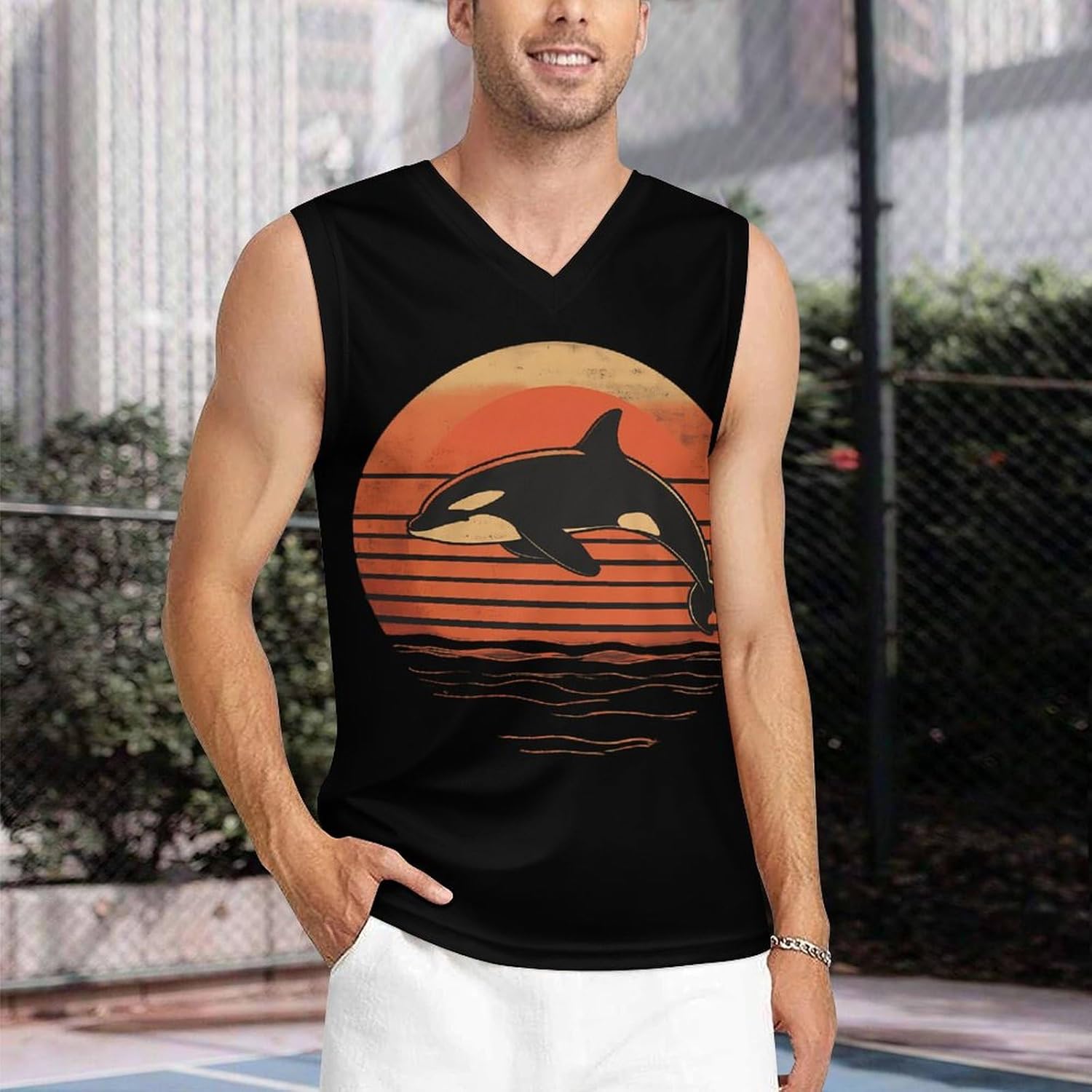 Vintage Killer Whale 80s Men's V-Neck Basketball Tank Top Sleeveless Workout Tank Shirts Gym Fitness Tees Vest
