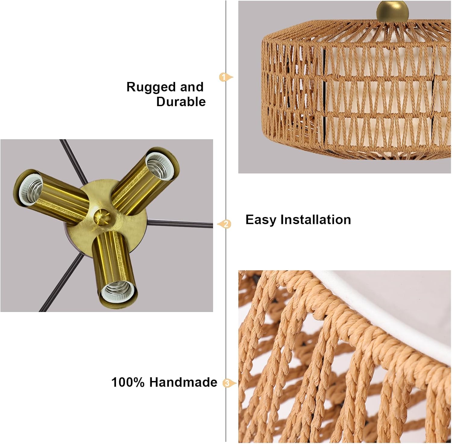 Rattan Chandelier, 3-Lights Boho Large Pendant Light, Hand Woven Basket Pendant Chandeliers for Dining Room Living Room Kitchen Island Bedroom Foyer, Height Adjustable (Gold)