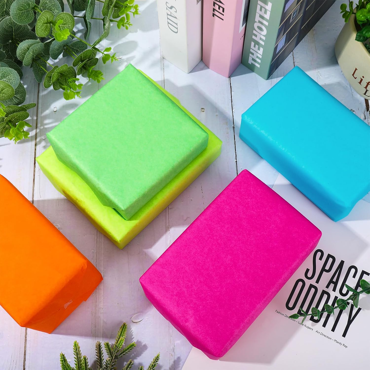 Whaline 100 Sheets Neon Tissue Paper Fluorescent Color VBS Wrapping Paper Green Pink Blue Orange Decorative Art Papers for Christian Party Birthday Baby Shower DIY Crafts, 14 x 20 Inch
