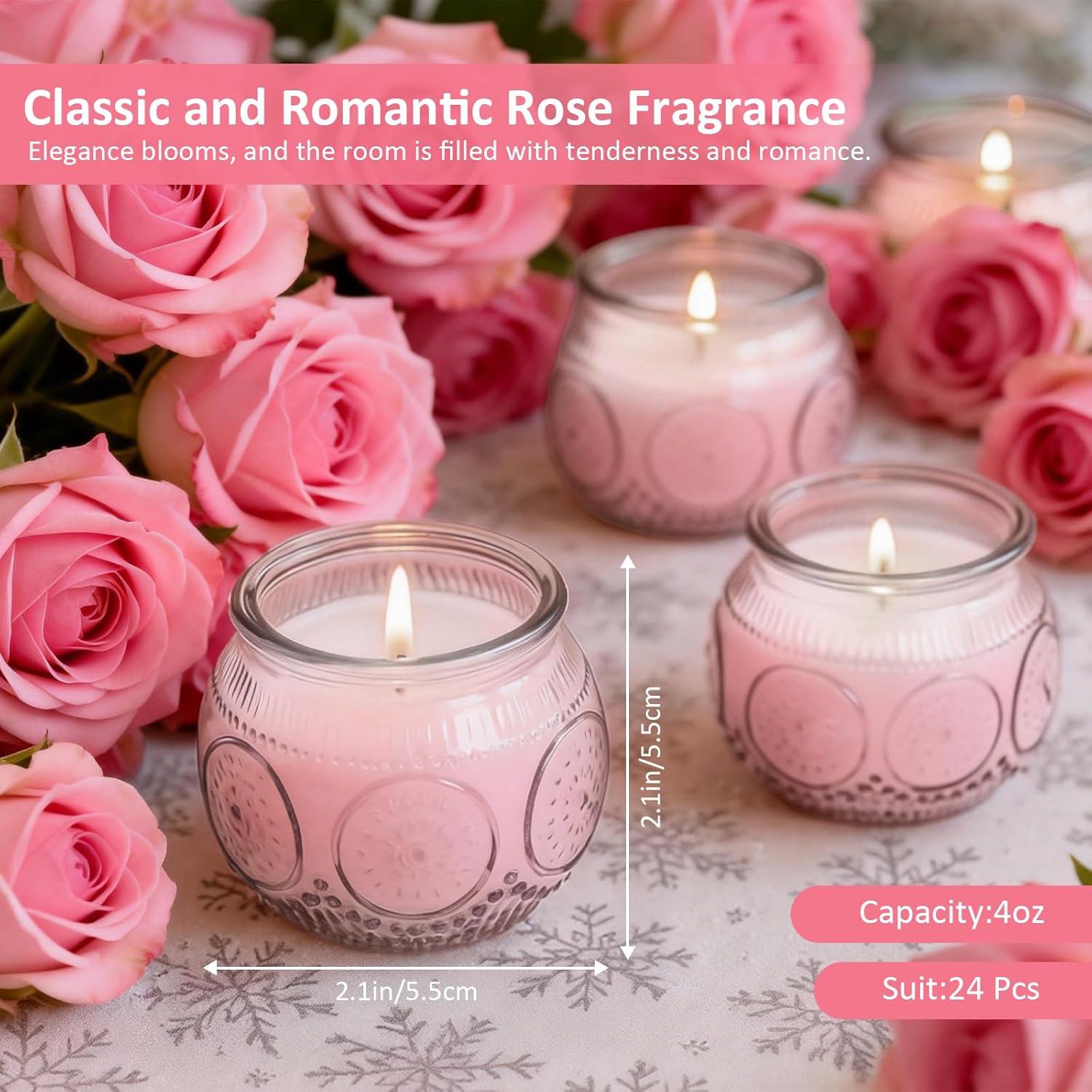 24 Pack of 4 Oz Mini Soy Candles, Rose Scented Candle Set in Vintage Pink for Home, Gifts, Party Favors, Spa & Relaxation It's a Very Holiday Gift to Give to Family and Friends!