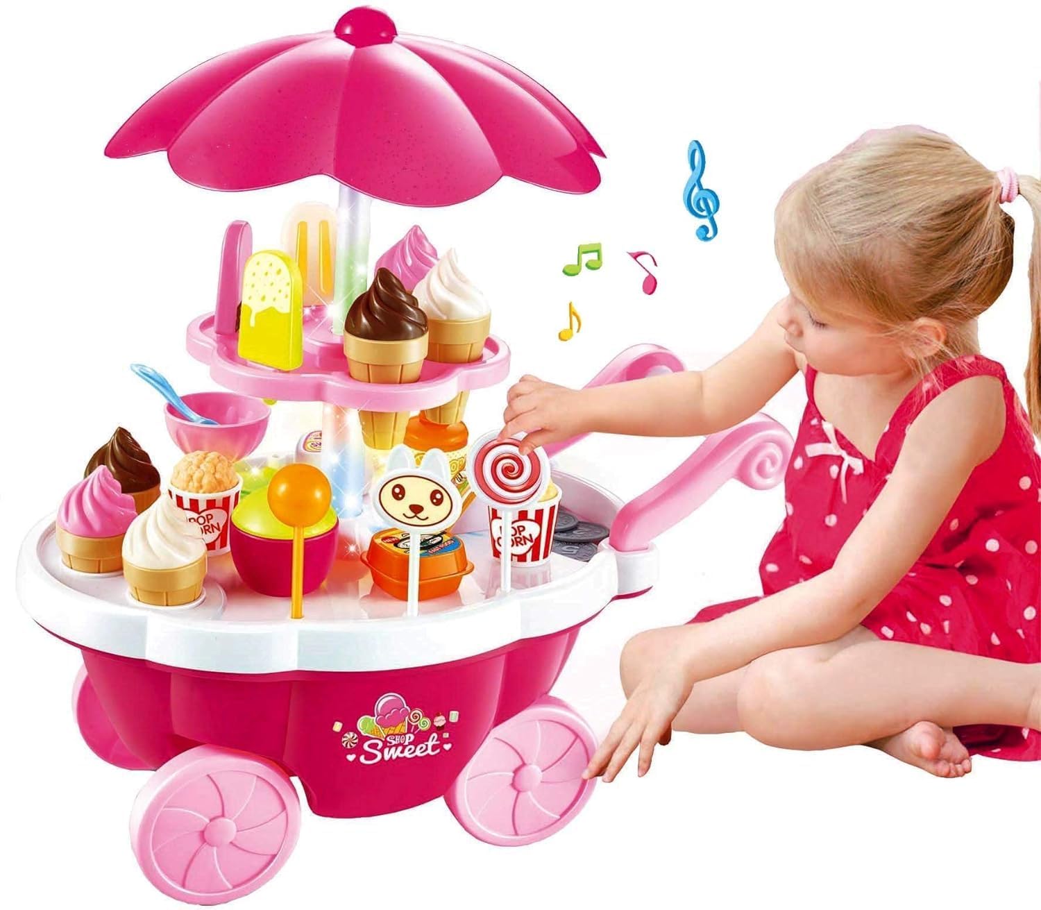 LEMONET Sweet Shopping Cart Play Set Ice Cream Candy Counter SetKitchen Play Set with Lights and Music Pretend Play Toys for Children Girls and Boys (Multicolor) (Sweet Shopping Cart Set - Pink)
