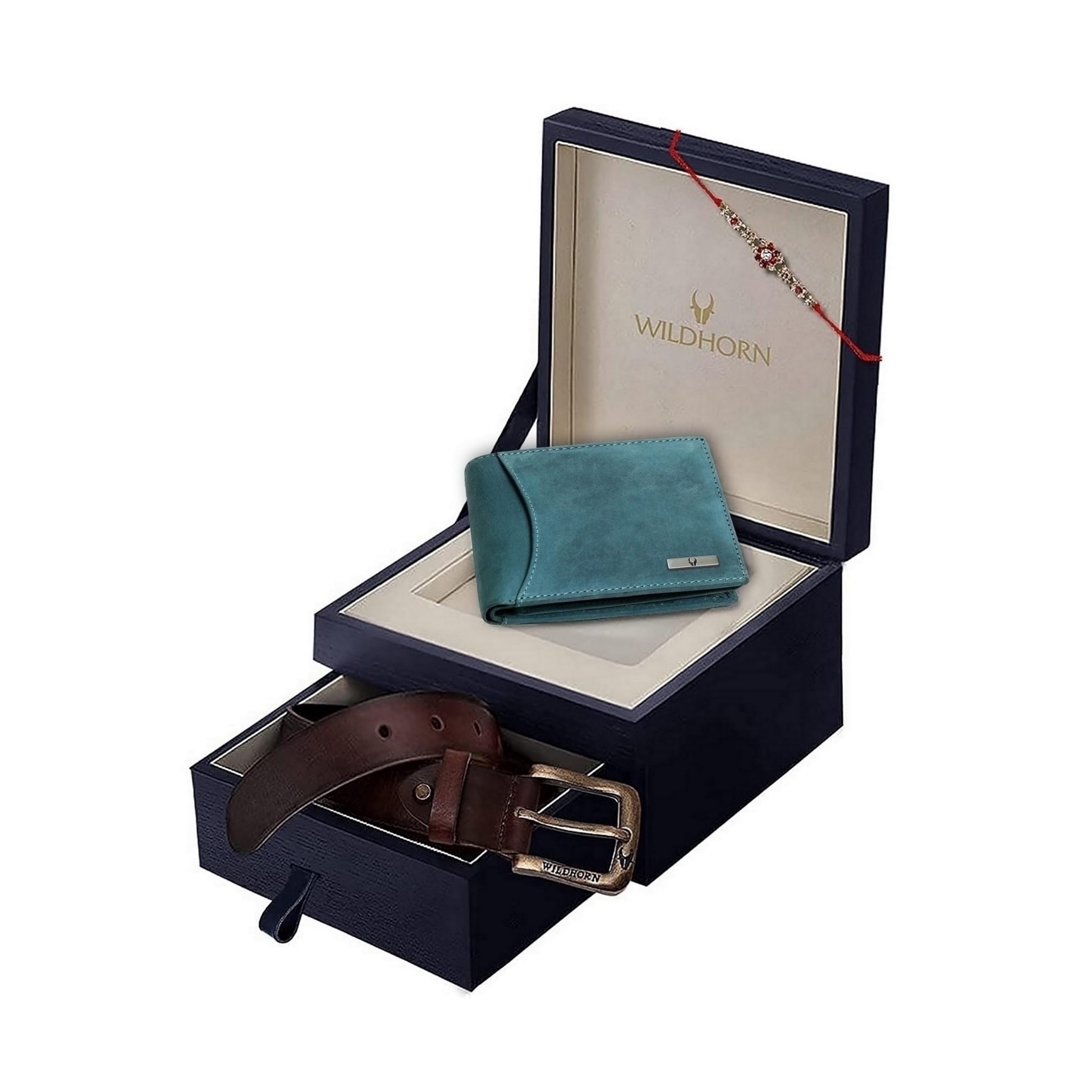 wildhorn Rakhi Gift Set for Brother - Premium Men's Combo | Gift Set of Leather Wallet & Belt & Rakhi with an Unique Slider Gift Box for Brother (Blue Hunter)-picture-32