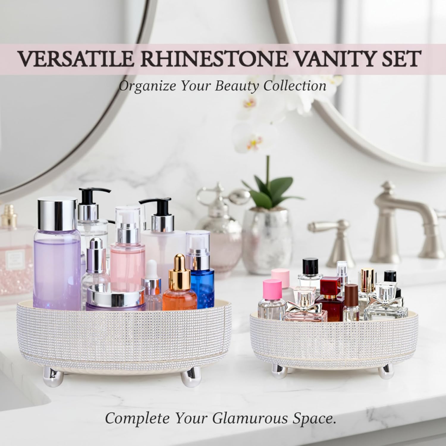 Rotating Bling Perfume Makeup Organizer, Rhinestone Cosmetic Display Cases with 2-Piece Set, 360° Spinning Bathroom Organizers for Countertop, Vanity Table | White