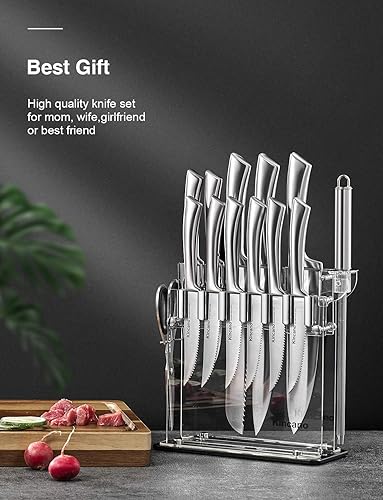 Miniatura 7 de Juego de cuchillos, 14 cuchillos de cocina de acero inoxidable de alto carbono súper afilados para chef con soporte acrílico, incluye cuchillos