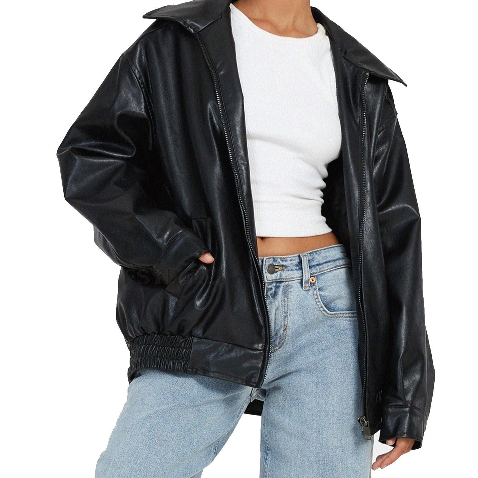 Lederjacke Damen Oversize Lang Kunstleder Motorrad Bikerjacke Motorradjacke Pu Leather Herbst Winter Mantel Bomber Jacke Damen Kurz Outwear Streetwear