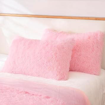 Faux Fur Fluffy Fuzzy Plush Pink Pillow Case Set of 2, Soft Decorative Pillow Covers for Bed, Bedroom, Living Room, Zipper Closure, Standard Size (20x26, Pink)