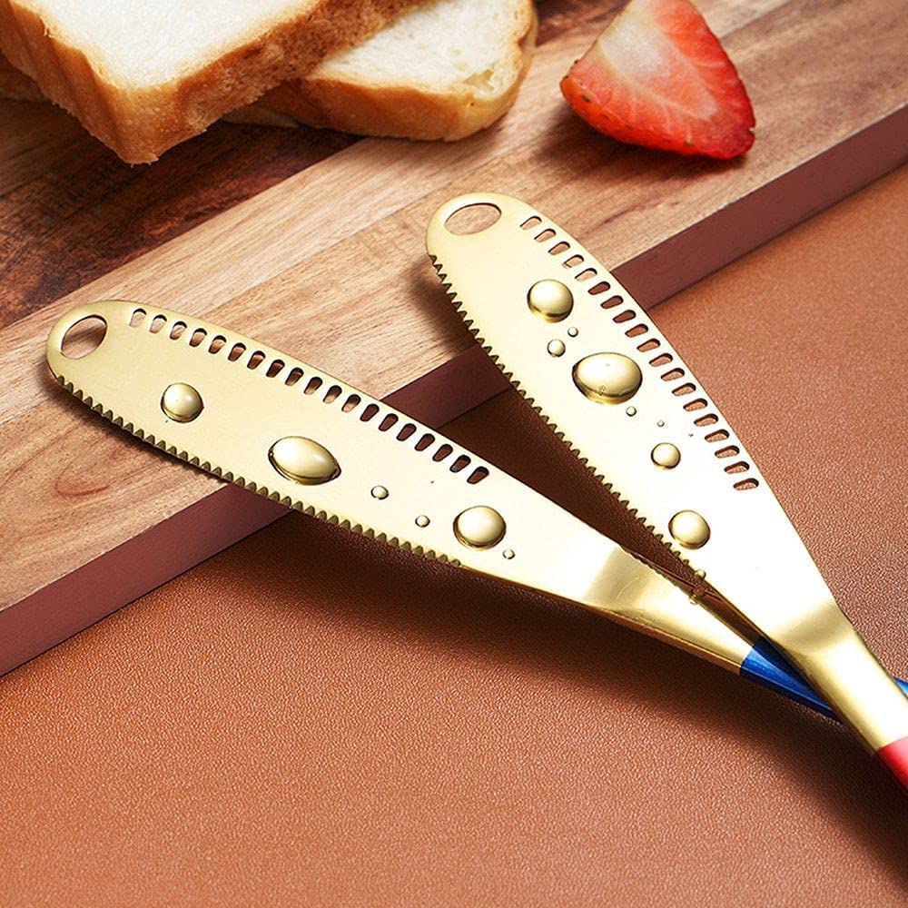 NAIDEV 1 PCs Butter Spreader Knife, Stainless Steel 3-in-1 Curler Slicer Spreader knives with Serrated Edge for Cutting & Spreading Butter Cheese Jam (red gold) 3