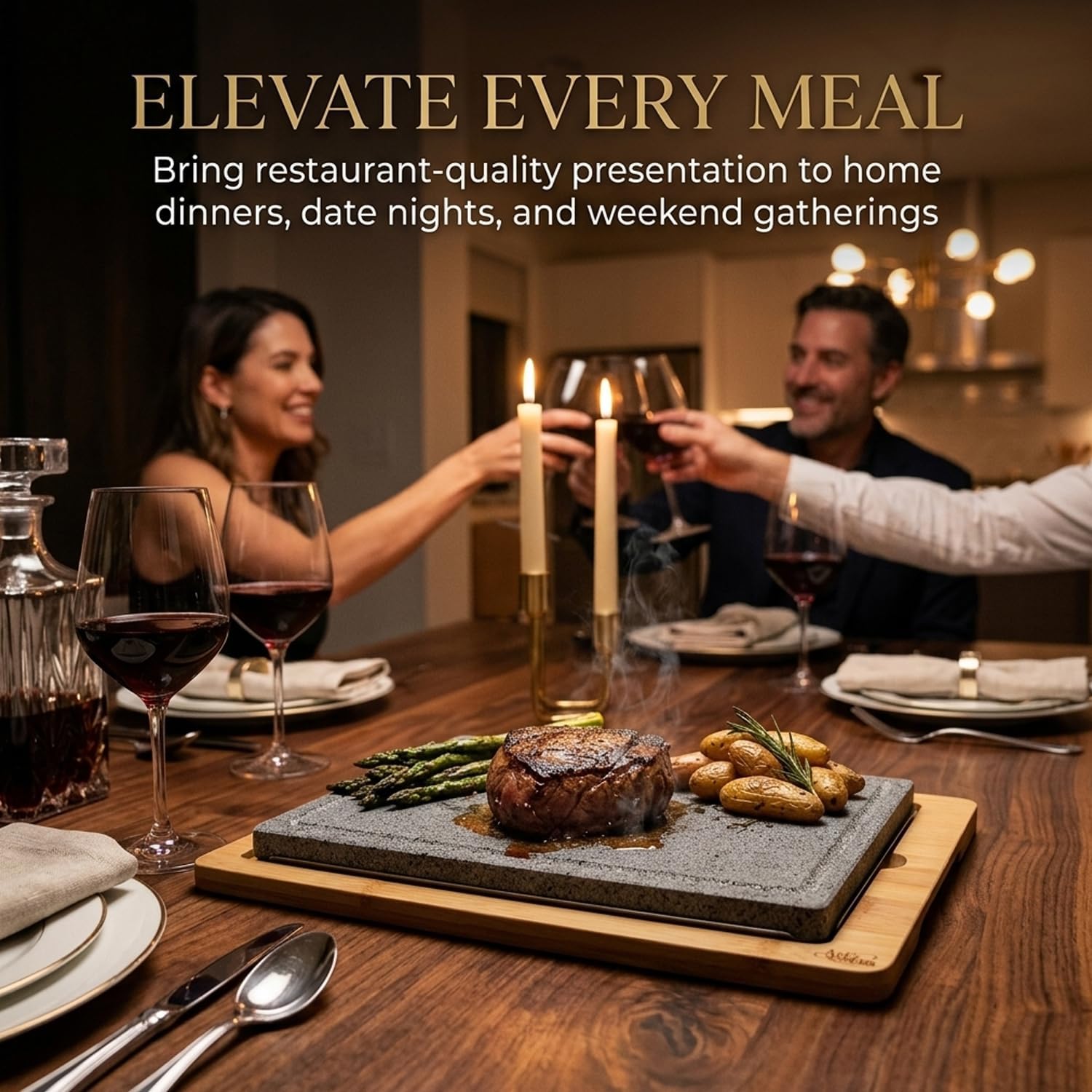 Artestia Extra Large Lava Stone for Cooking Steak, Hot Stone Plates Tabletop Grill, Sizzling Stone Grill Cooking Platter for Meat, BBQ Lava Steak Stones with Bamboo Platter (13.66"*8.93")