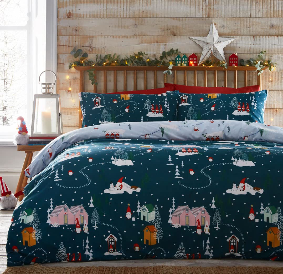 HOMEMAKER BEDDING Christmas Village Duvet Cover Set Festive Xmas Santa Gonks (King)