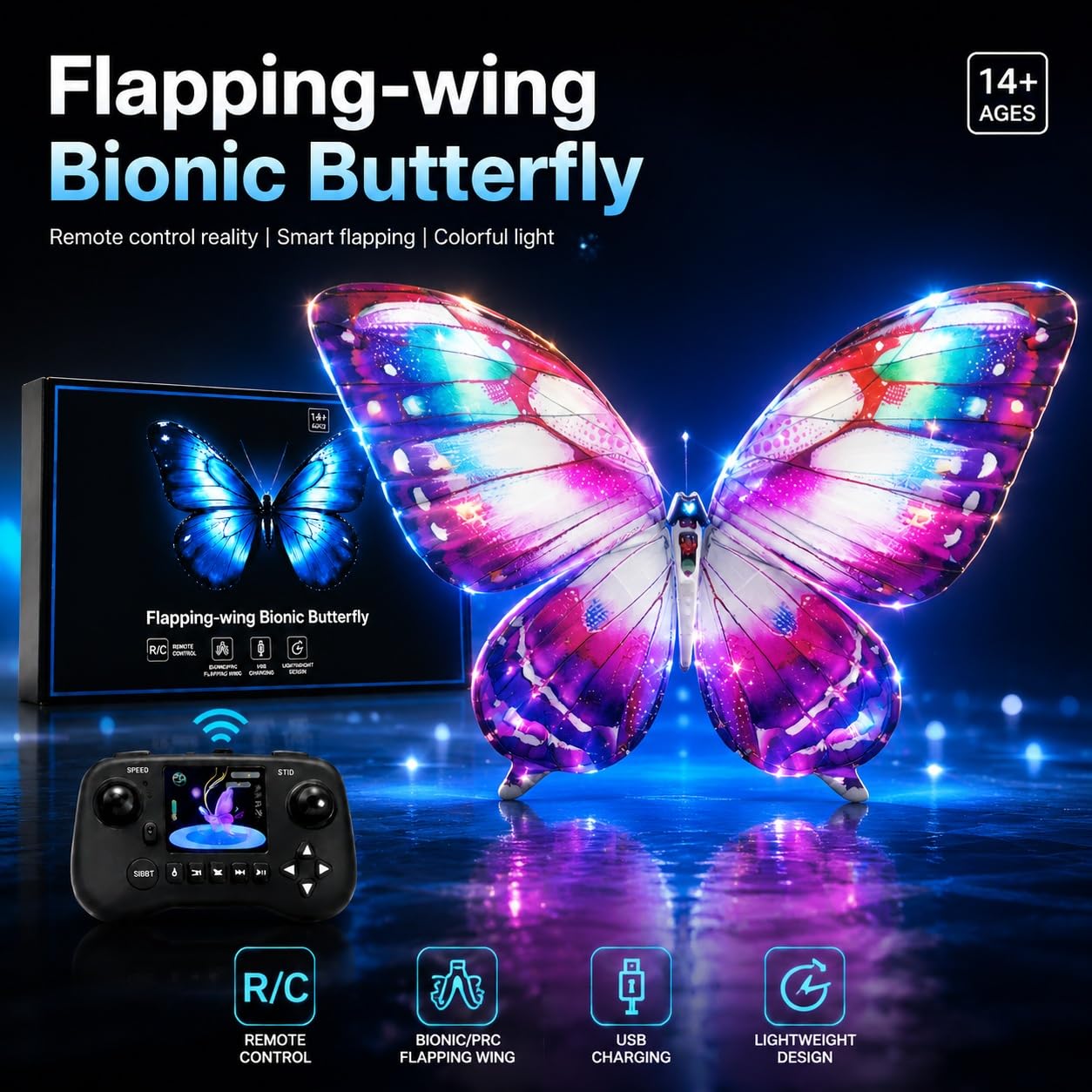 Drone ornitottero bionico a farfalla con illuminazione a LED 3 batterie giocattolo volante con ali bioniche battenti e telaio in fibra di carbonio fatto a mano per feste matrimoni e hobby(Purple)