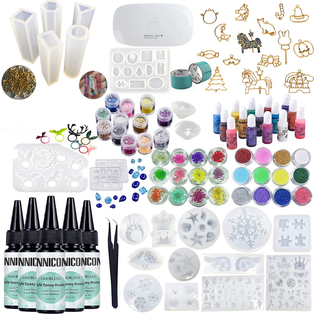 Geruchloses Epoxidharz-Set, 5x30ml, 15 x Pigmente, 23 Silikonformen, 24 x Pailletten, getrocknete Blumen, 14 offene Rückenfassungen, spurloses Klebeband, Lampe, Pinzette, für DIY-Halsketten, Armbänder