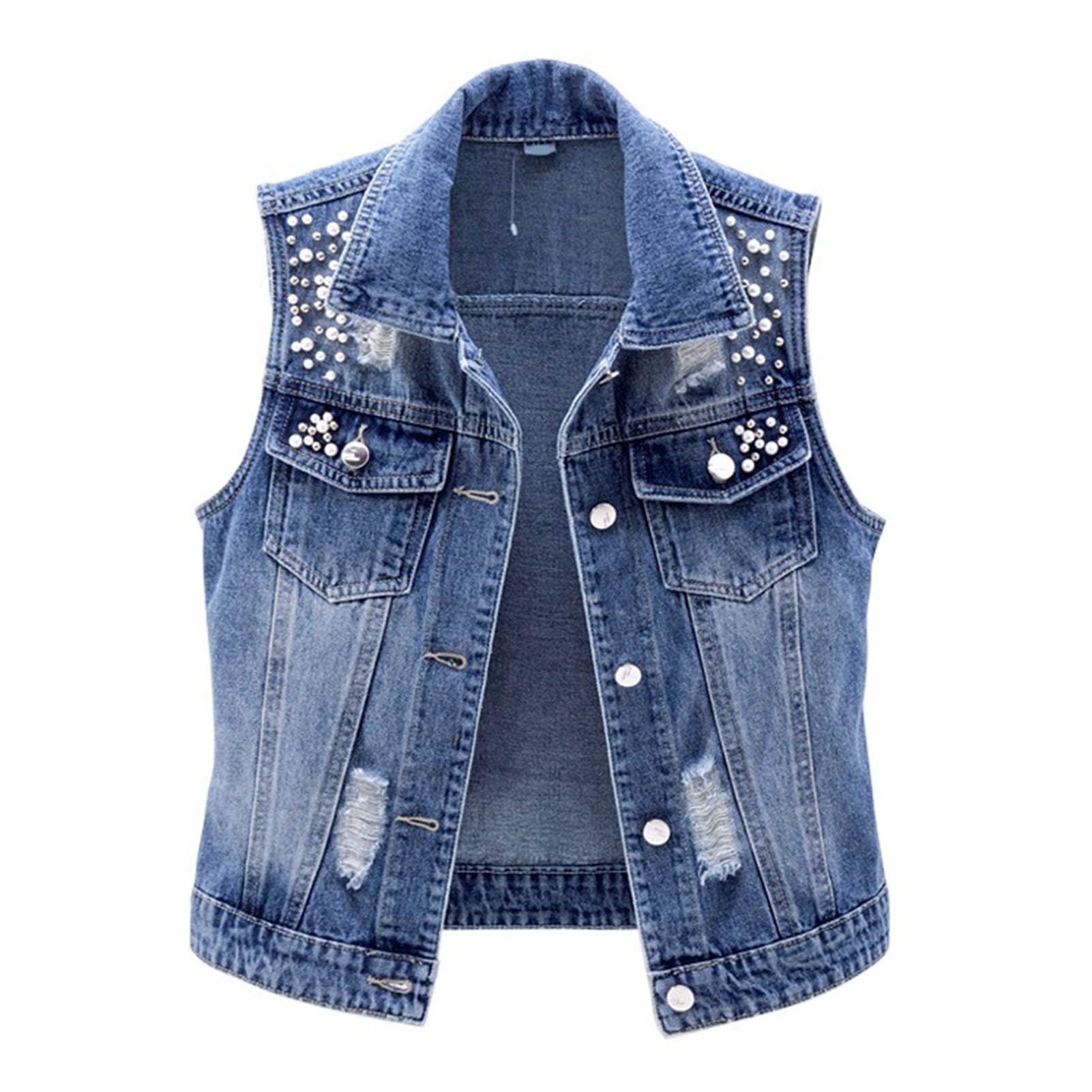 Runstarshow Gilet En Jean Sans Manches Pour Femme - Gilet Court Boutonné Rétro - Veste En Jean élégante Brodée Florale Pour Printemps Et Automne - Taille S à XXL, Bleu, M