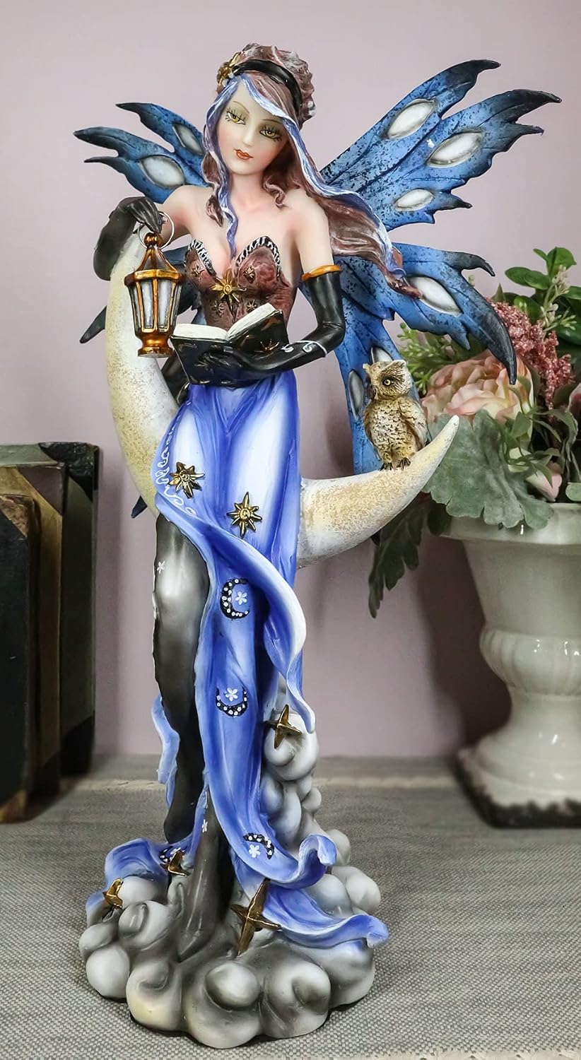 Ebros Fantasy Celestial Bookworm Fairy Carrying Lantern and Owl Sitting On Crescent Moon Clouds and Stars Statue 14" Tall Fairies Nymphs Pixies Collectible Figurine