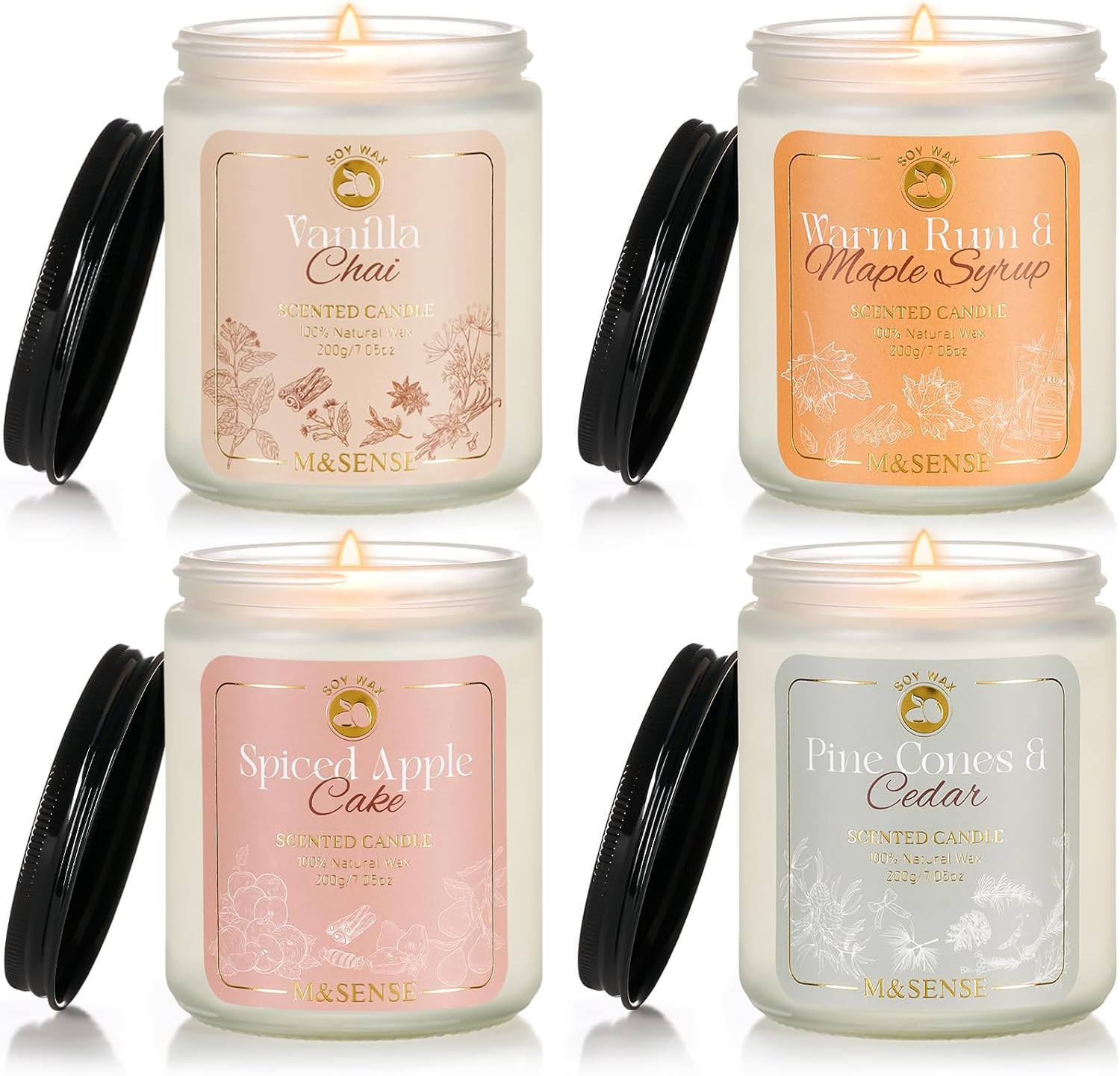 M&SENSE 5 Pack Candle Set, Oceanic Breeze Scented, 19.4oz 110 Hour Long Lasting Candle + 4Pack Candle Set 7oz Autumn Scents of Vanilla Chai/Spiced Apple/Pine Cone/Rum Maple Syrup