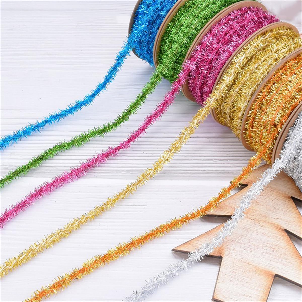 3 Rolls 10 Yards Metallic Tinsel Ribbon, 0.31 inch Glitter Tinsel Wire Garland Ribbon Sparkle Shiny Metallic Foil Twist Ribbons for Gifts Wrapping, Christmas Tree, Wedding, Party Decorations