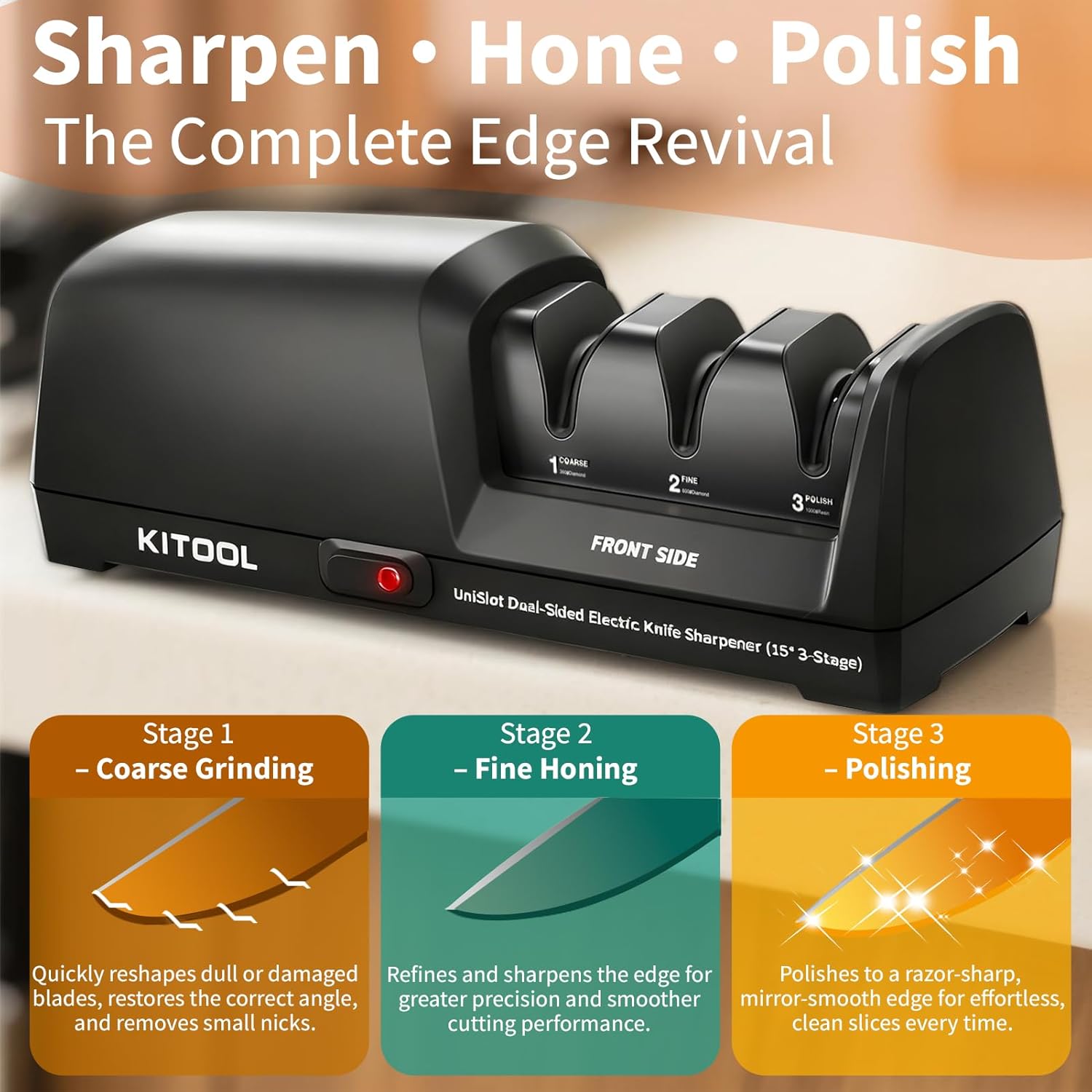 Electric Knife Sharpener, Dual-Sided 3-Stage Sharpener with 100% Diamond Abrasives, Low Noise & Smart Temperature Control, for Straight, Serrated & Ceramic Kitchen Knives