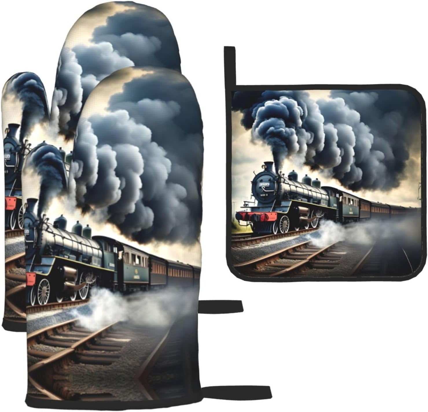 Steam Train Clouds Print Heat Resistant Microwave Gloves, Used for Baking, Cooking, and Fashion Kitchen Essentials