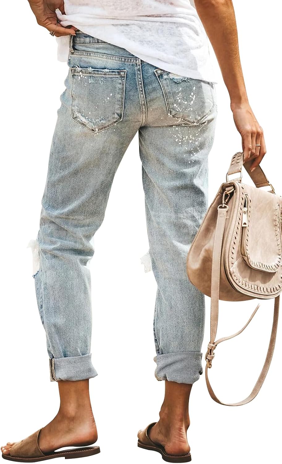 KUNMI Women's Ripped Mid Waisted Boyfriend Jeans Loose Fit Distressed Stretchy Denim Pants - Image 5