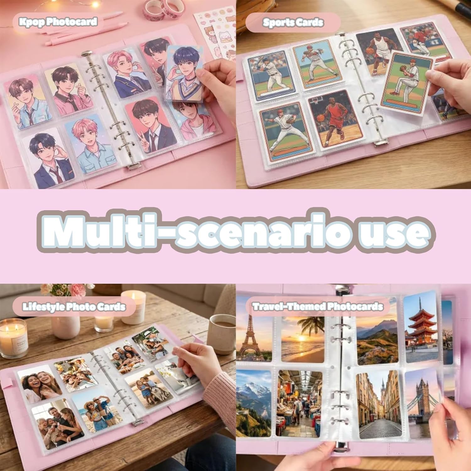 A5 Kpop Photocard Binder, PU Leather 6 Ring Collector Album With Magnetic Buckle Closure For Trading Cards,30 Pack 4-Pocket Pages 240 Card Slots