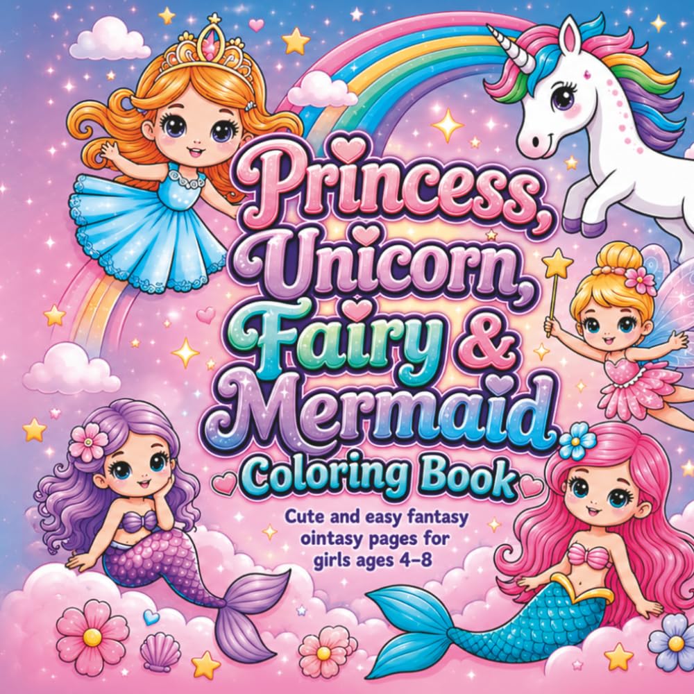 Princess, Unicorn, Fairy & Mermaid Coloring Book: Cute and Easy Fantasy Coloring Pages for Girls Ages 4–8