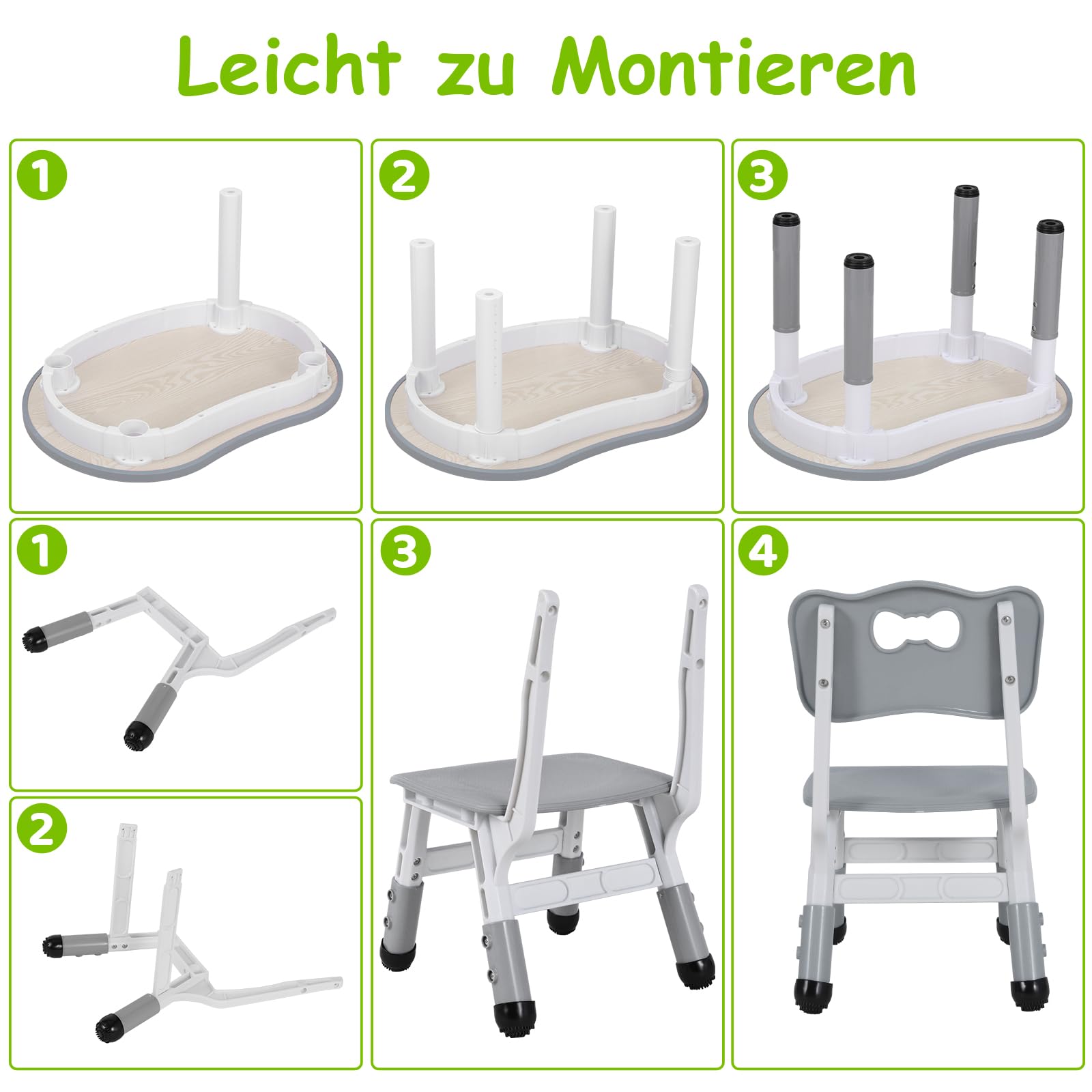 Kindertisch mit 2PCS Stühlen, Packung mit 2 Stühlen, Kindersitzgruppe Höhenverstellbar,Plastik Kinder Tisch Stuhl Set, Erdnussform, Maltisch,Kinder Schreibtisch für Kindertagesstätte/Kindergarten,Grau