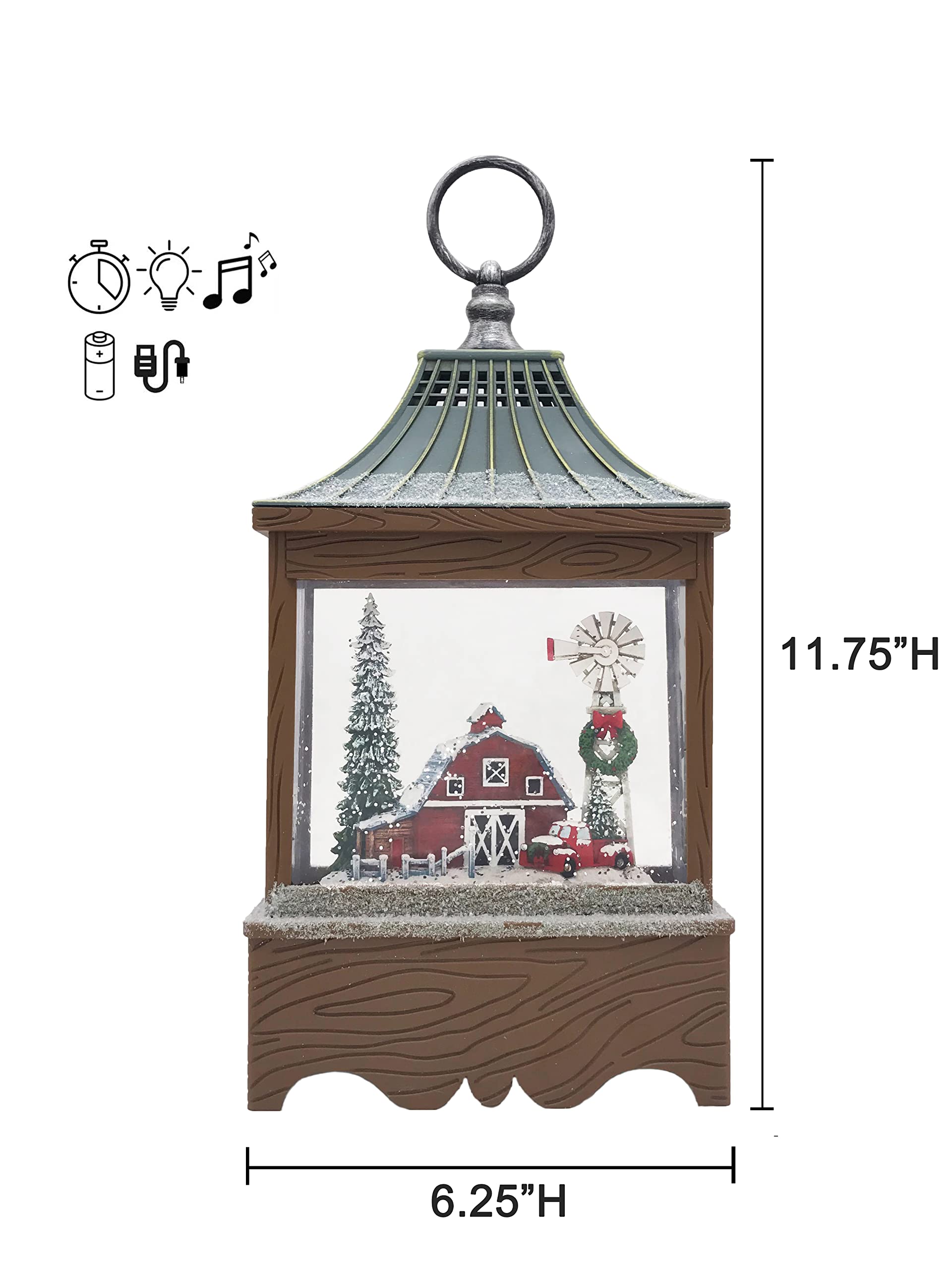 Victory Creative Christmas Seasonal Illumination Barn House Windmill in Winterland Musical Water Globe Lantern 11.5