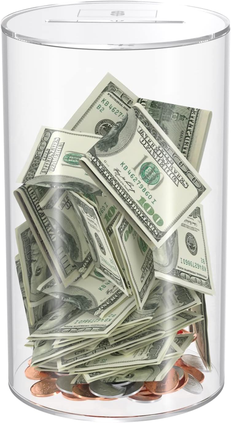 NIUBEE Clear Acrylic Piggy Bank for Kids Adults - Must Break to Open Savings Jar, Coins Cash, 8"H x 5"D Medium