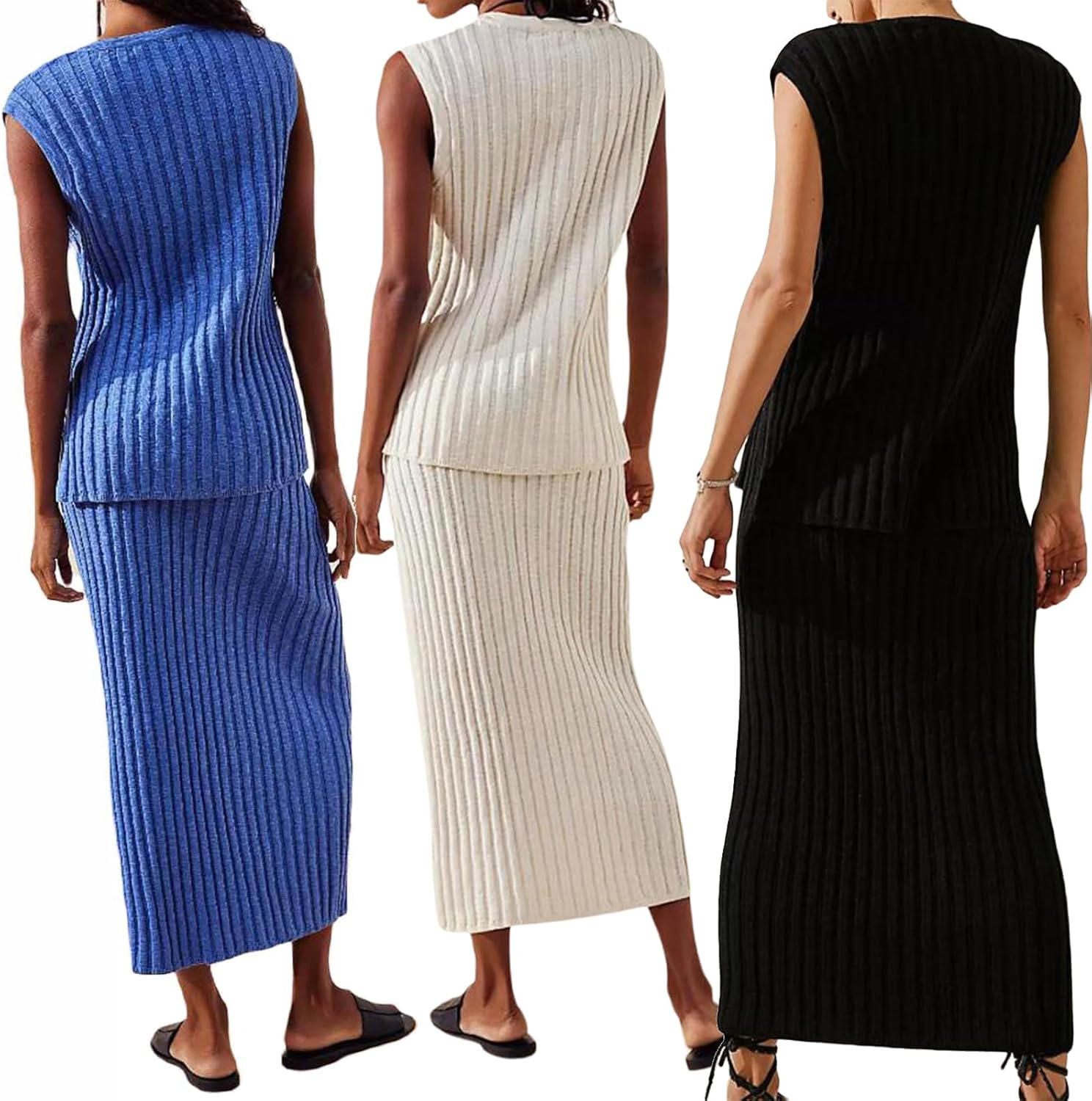 Crochet Knit 2 Piece Skirt Sets for Women Summer Hollow Out Crop Top Bodycon High Waist Maxi Skirt Sets Beach Dress