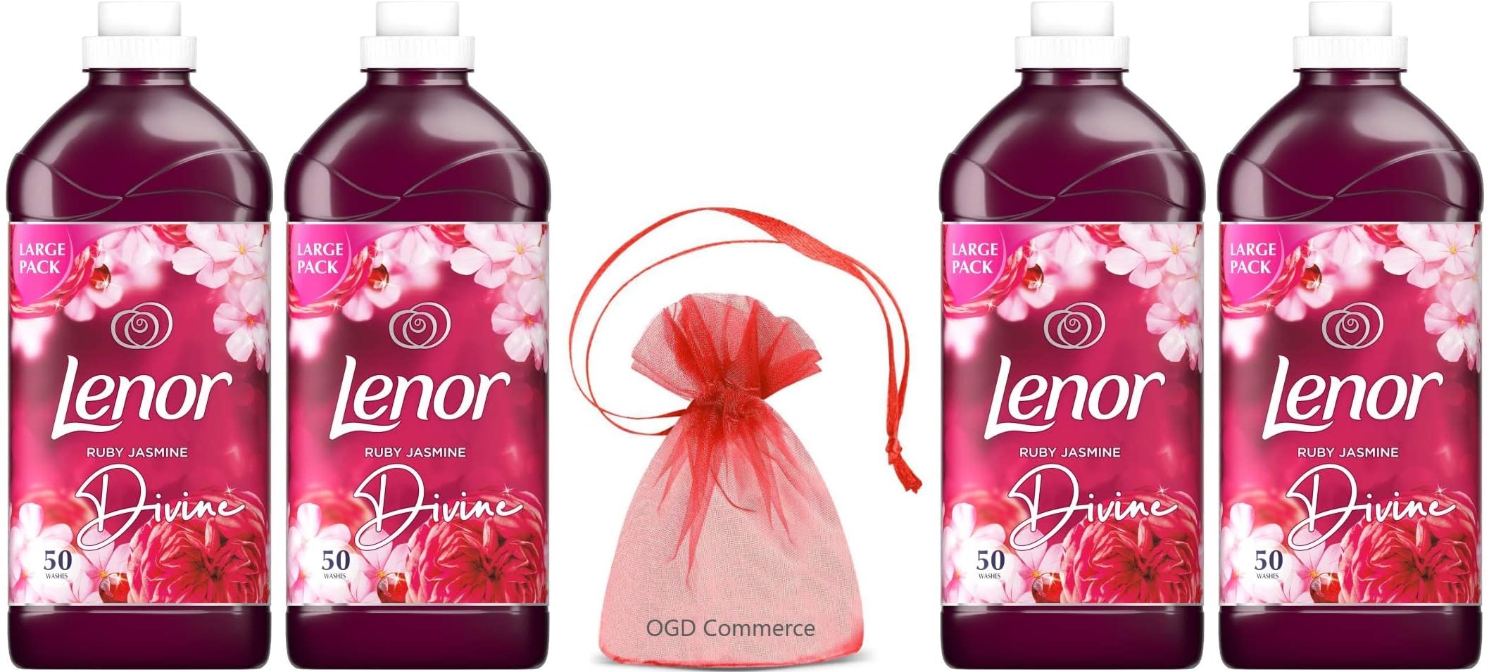 Lenor Fabric Conditioner, Large Pack, Pack of Four, 4 x 50 Washes, 4 x 1.75 L, Ruby Jasmine Scent + Our Gift for You - Organza Bag Size 9 x 7 x 0.1 cm