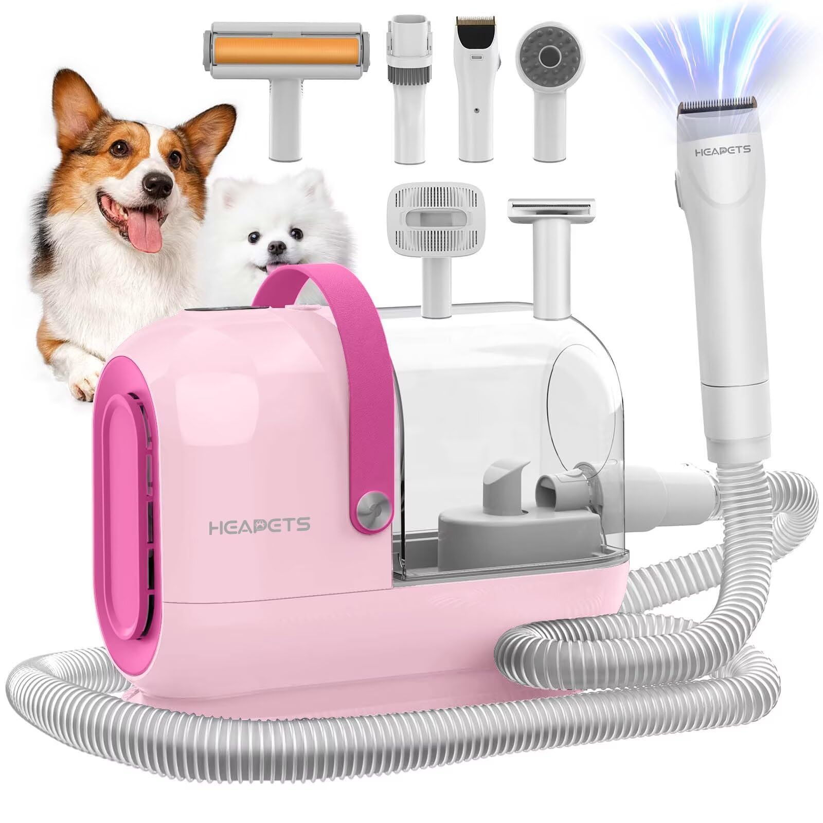 HEAPETS Hundepflege-Vakuum-Set, 3 l, Haustierpflege-Vakuum mit 7 Haustierpflege-Werkzeugen und Schermaschine und Bürste, Rosa