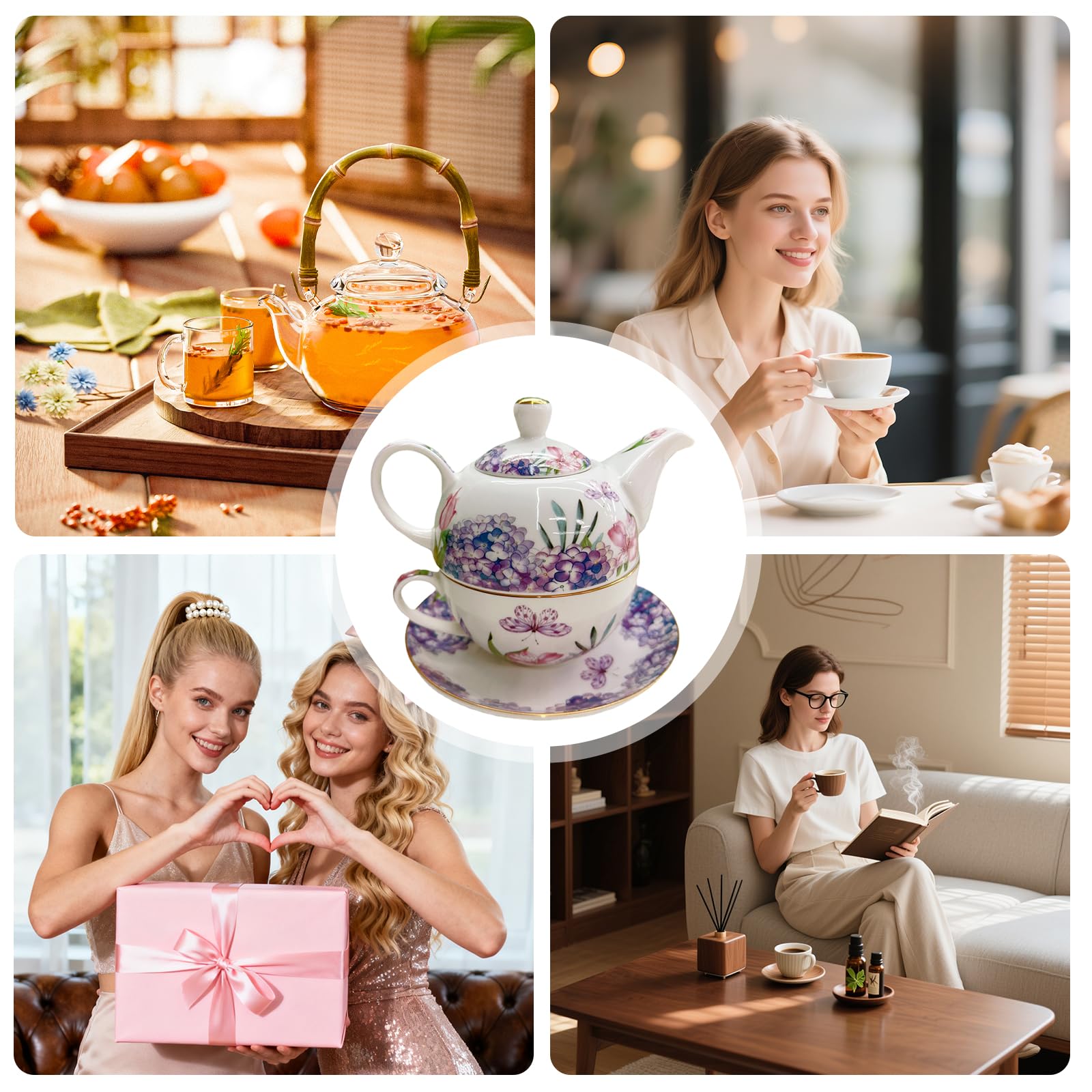 Service à thé pour une personne - Motif floral - Théière en céramique de 400 ml avec tasse de 250 ml - Service à thé en porcelaine pour le thé de l'après-midi - Cadeau pour femme - Vaisselle à café