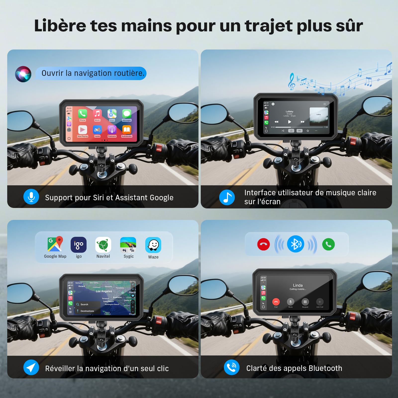 WonVon CarPlay 6.25 Pouces Système de Navigation GPS pour Moto avec Apple CarPlay et Android Auto écran Portable avec Double Bluetooth, Navigation, Siri, Google Assistant Support magnétique