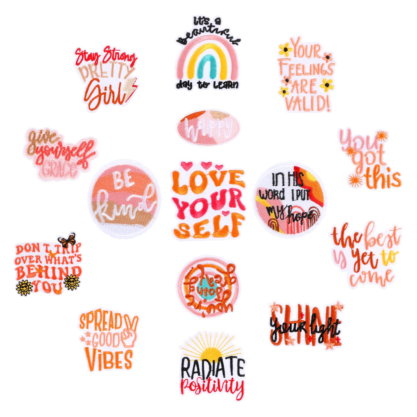15Pcs Positive Affirmations Iron On Patches, Boho Hippie Style Hat Patches Iron on Patches for Hats Cute Inspirational Words Embroidered Patch for Clothes, Clothes Patches Affirmations