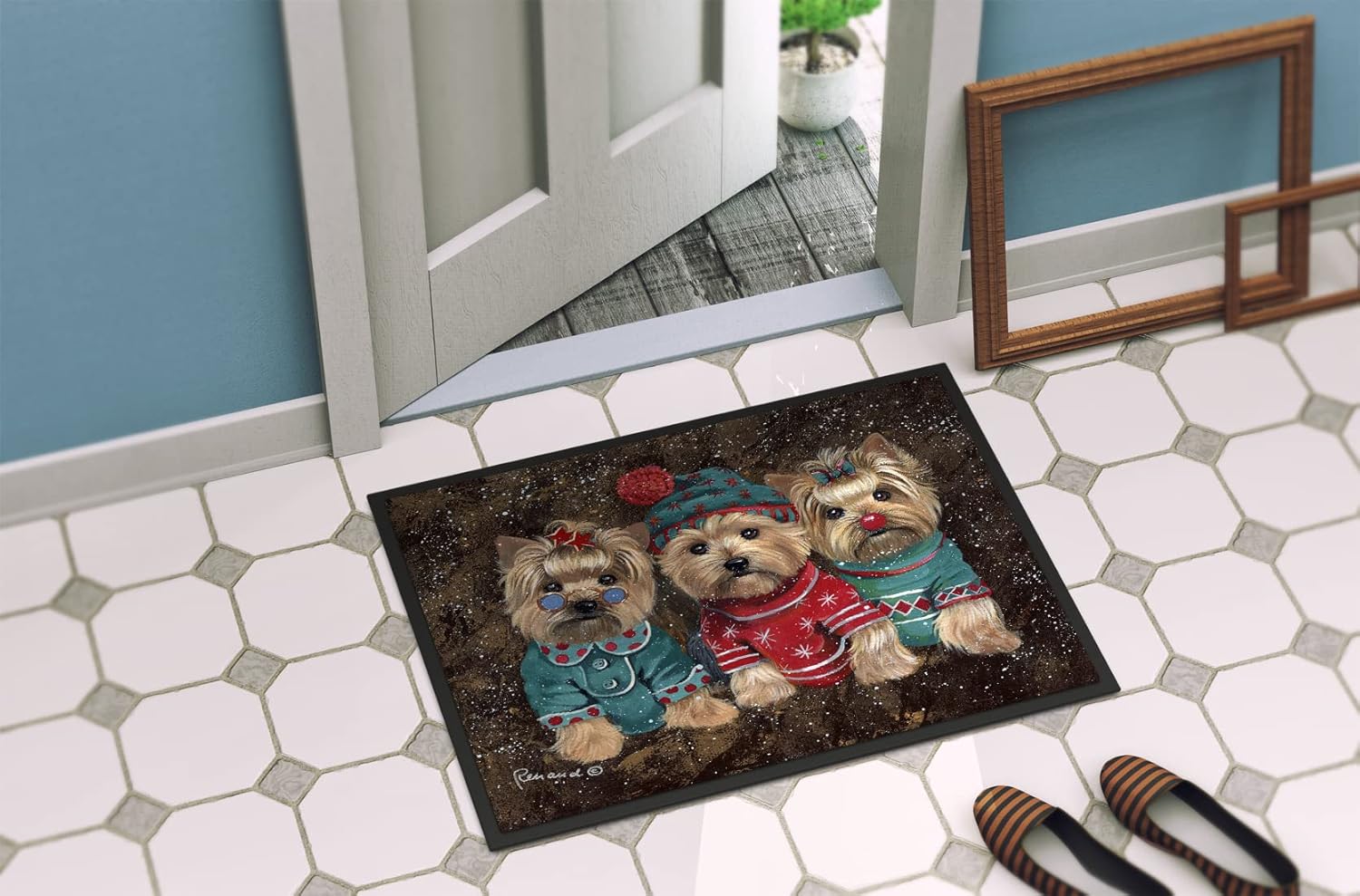 Caroline's Treasures PPP3291JMAT Yorkshire Terrier Yorkie Christmas Elves Doormat 24x36 Front Door Mat Indoor Outdoor Rugs for Entryway, Non Slip Washable Low Pile, 24H X 36W