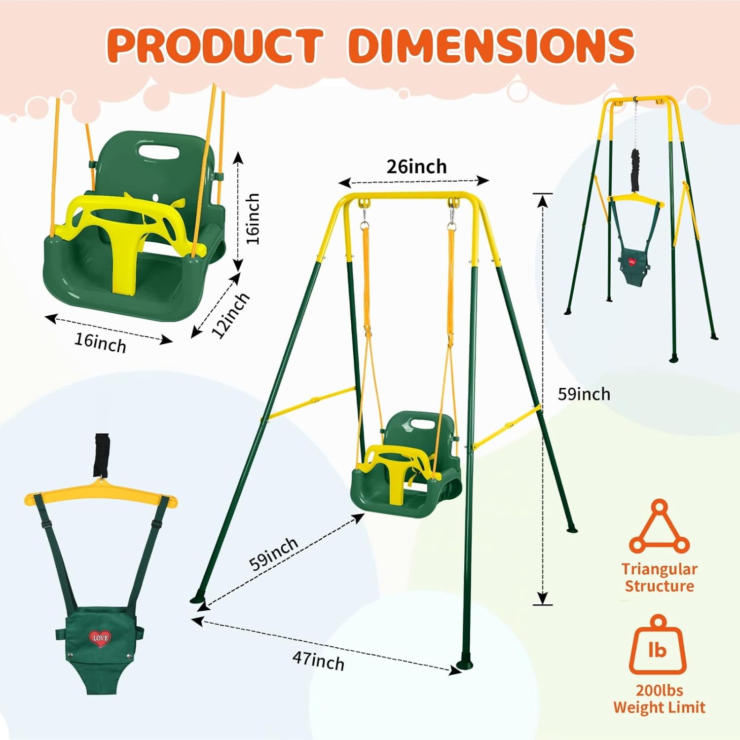 Toddler Swing Set and Baby Jumper, Foldable Baby Swing Set with Metal Stand for Indoor & Outdoor Use, Baby Bouncer Jumper Durable Swing Set for Aged 1-10 Years, Grow with Your Child (Dark Green)