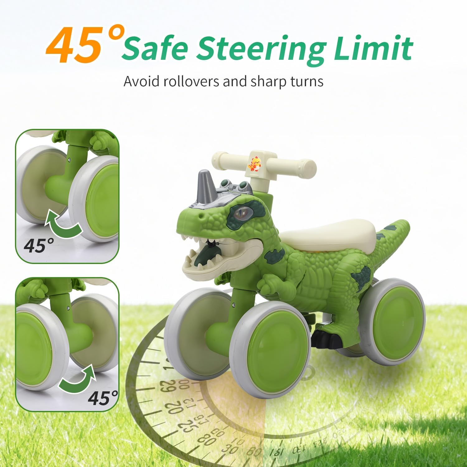 Dinosaur Balance Bike for 1-3 Year Olds, 4-Wheel No-Pedal Bike for Walker, Ride on Toys for Toddlers with Music and Mist Spray, First Birthday Gift for Boys & Girls (Green)