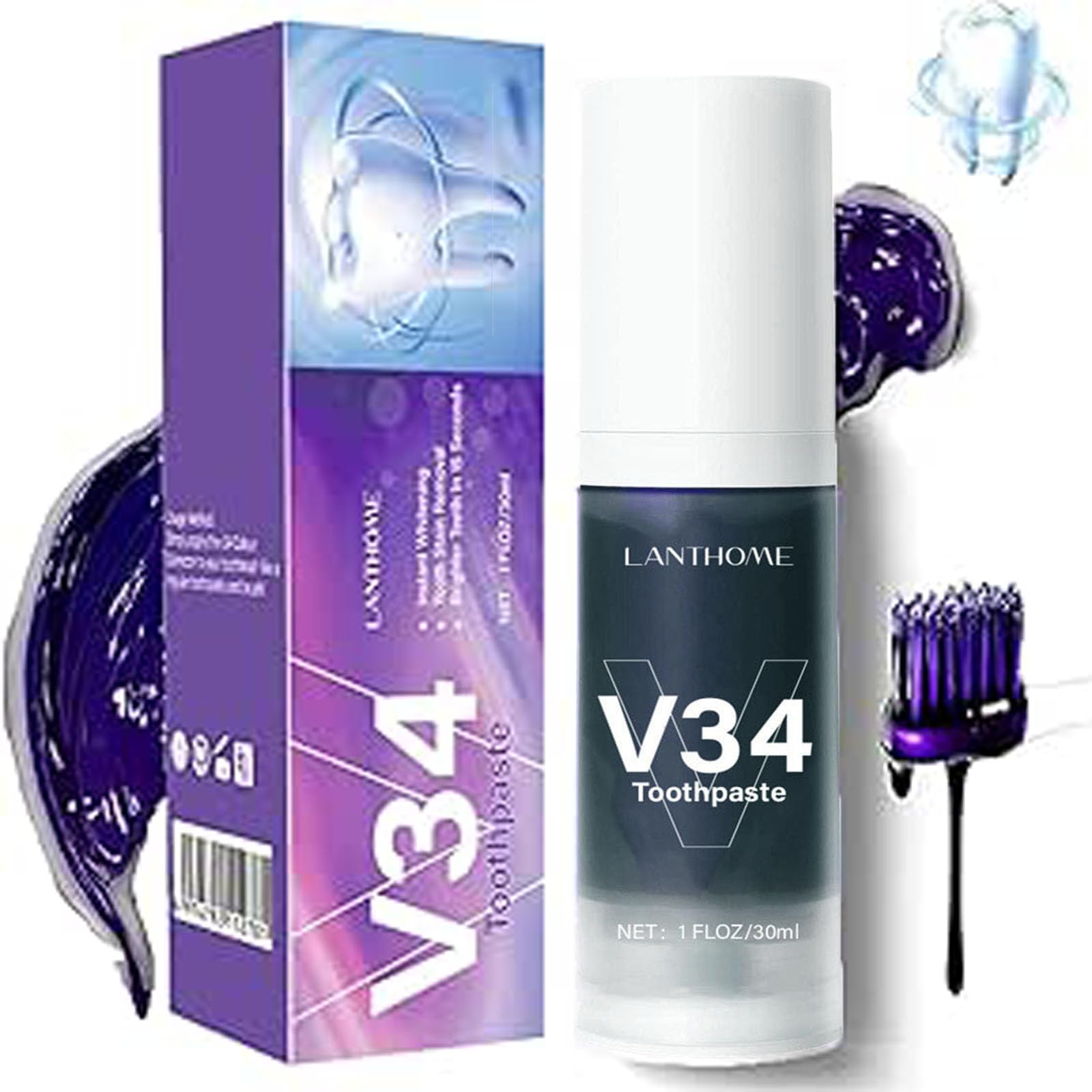 V34 Toothpaste, V34 Teeth Whitening Purple Toothpaste, Purple Corrector Toothpaste, Teeth Whitening Toothpaste Teeth Brightening Colour Correcting Serum Toothpaste for Teeth Brighting (1PC)