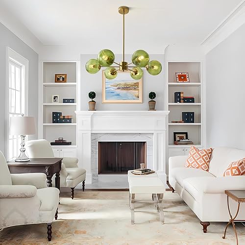 Miniatura 6 de KCO Lámpara colgante de techo de cristal verde de 6 luces con forma de globo moderno semiempotrado, lámpara de techo vintage de latón dorado Sputnik