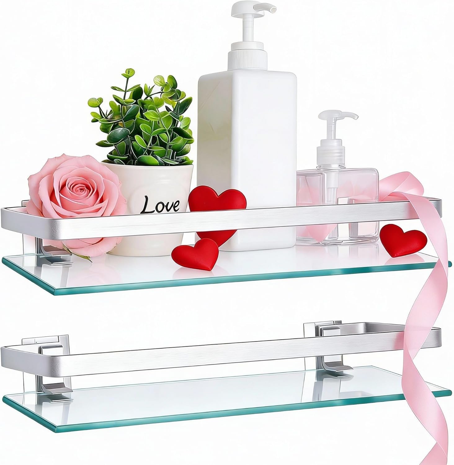 Ripeng 2 Pieces Bathroom Glass Floating Glass Corner Shelf Aluminum Tempered Wall Shelves Rectangular Rustproof Wall Mounted Storage Organizer for Toilet Shower, Silver