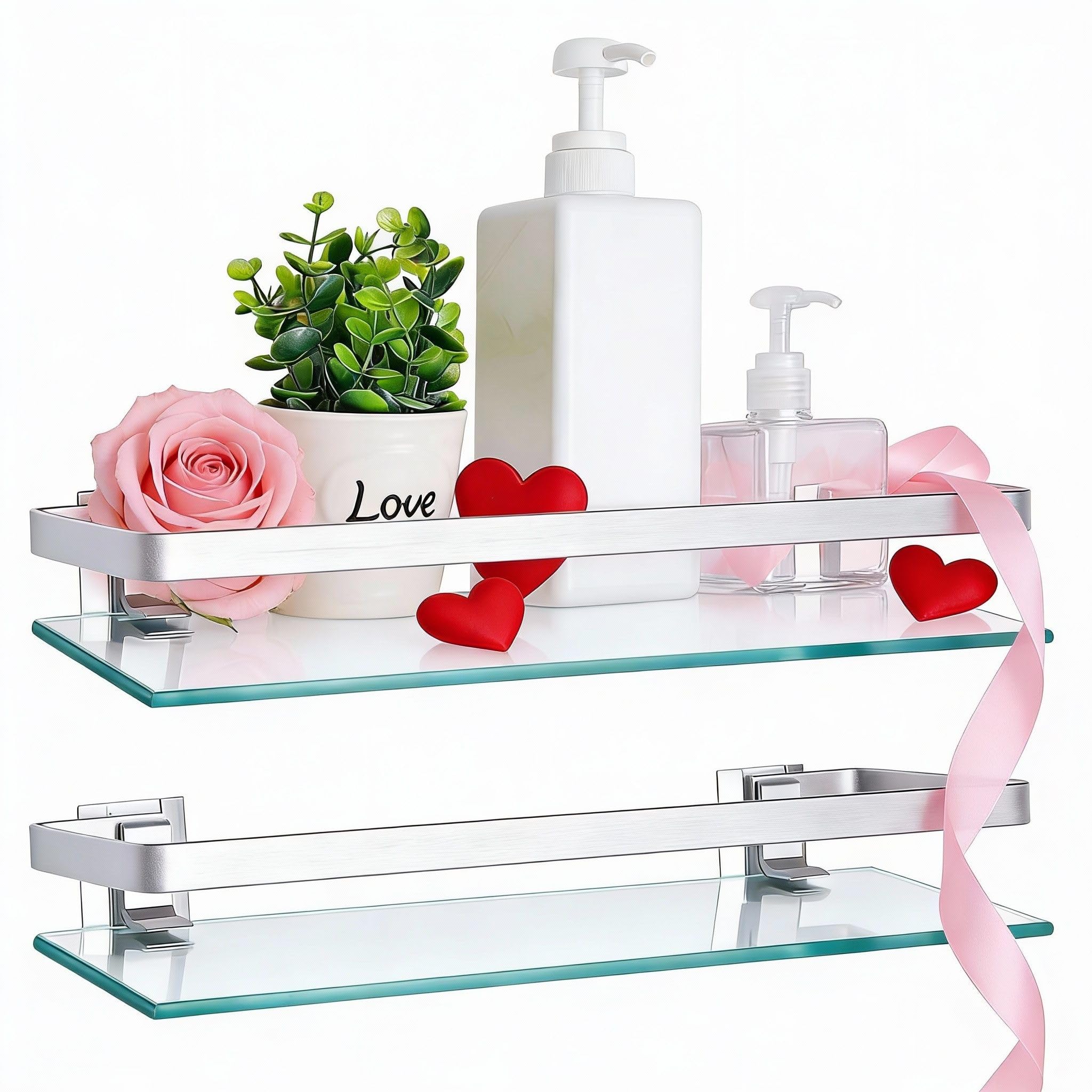 Ripeng 2 Pieces Bathroom Glass Floating Glass Corner Shelf Aluminum Tempered Wall Shelves Rectangular Rustproof Wall Mounted Storage Organizer for