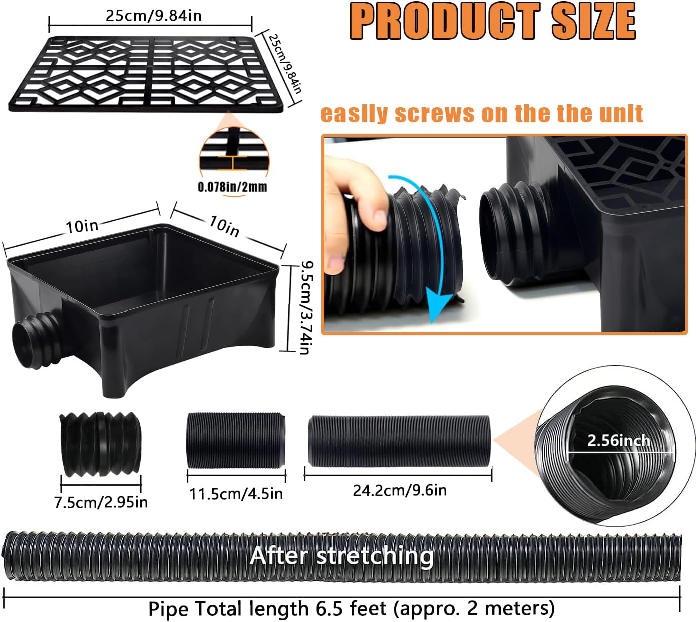 Rain Gutter Downspout Extensions with 10×10in Catch Basin, Low-Profile Downspout Extender, Flexible Drainage Pipe Extends to 6.5ft, French Drain Kit & Rainwater Diverter for Foundation Protection