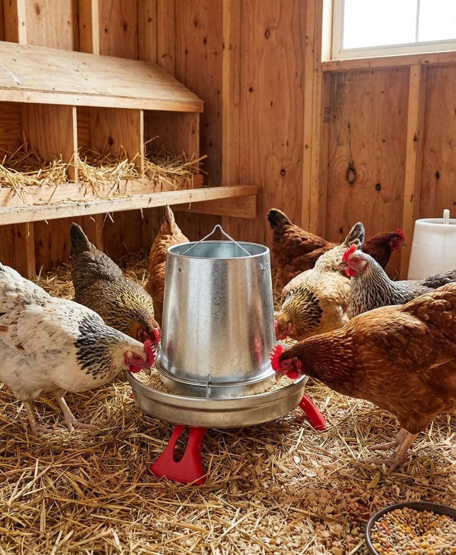 Tramoggia metallica galline con gambe 5 kg, 33x32 cm