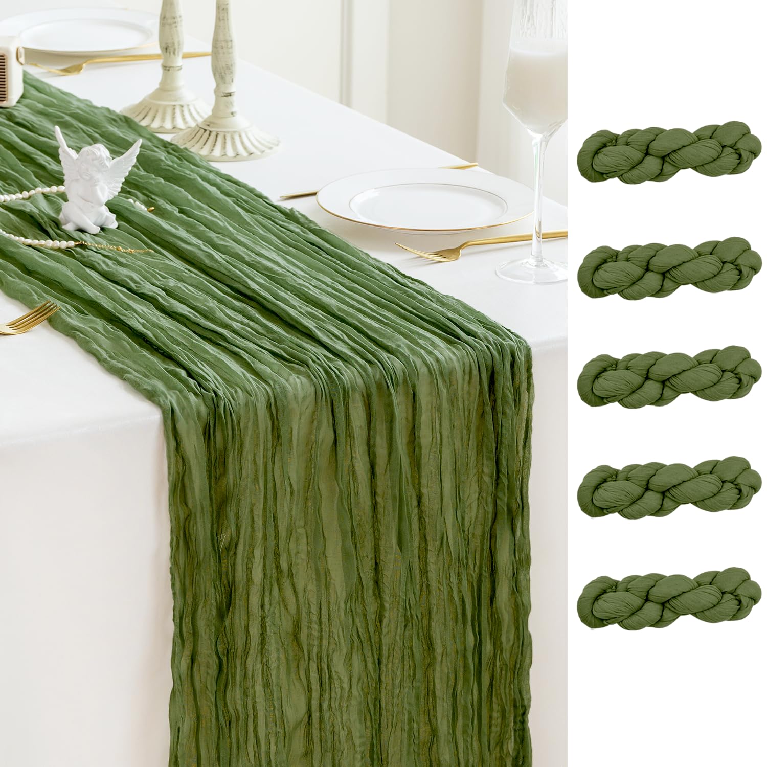 Sioloc 5 Pack Moss Green Cheesecloth Table Runner Summer Decor 90cmX300cm Boho Gauze Runner for Fall Autumn Decor Wedding Party Baby Bridal Shower Birthday St Patricks Day — image 1