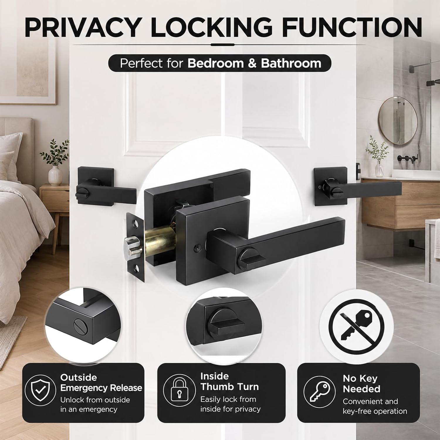 12 Pack Matte Black Privacy Door Levers, Square Interior Door Handles for Bedroom or Bathroom, Heavy Duty Keyless Satin Black Pocket Door Lockset, Reversible for Left/Right Side.