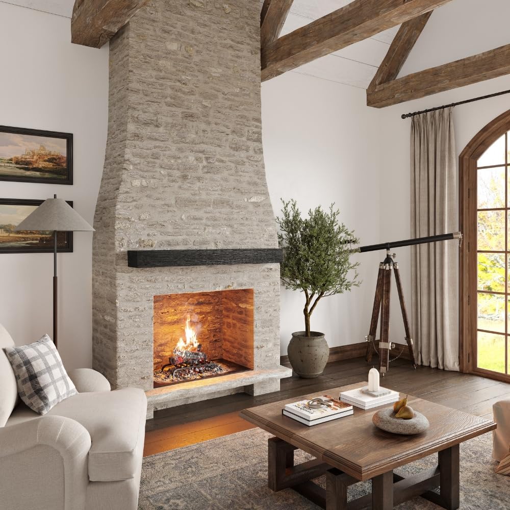 Country Living Lodge 60 Inch Cast Stone Fireplace Mantel Shelf | Rustic Wood-Grain Design | Non-Combustible & Heat Resistant | Heavy-Duty Mounting Bracket Included | Stout Finish