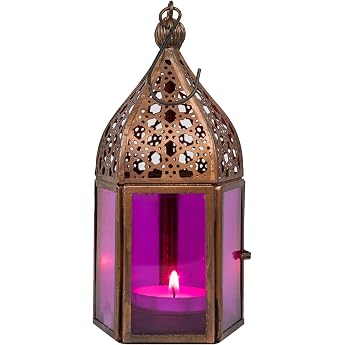 Meena Oriental Lantern Modern Metal and Glass Pink 16 cm