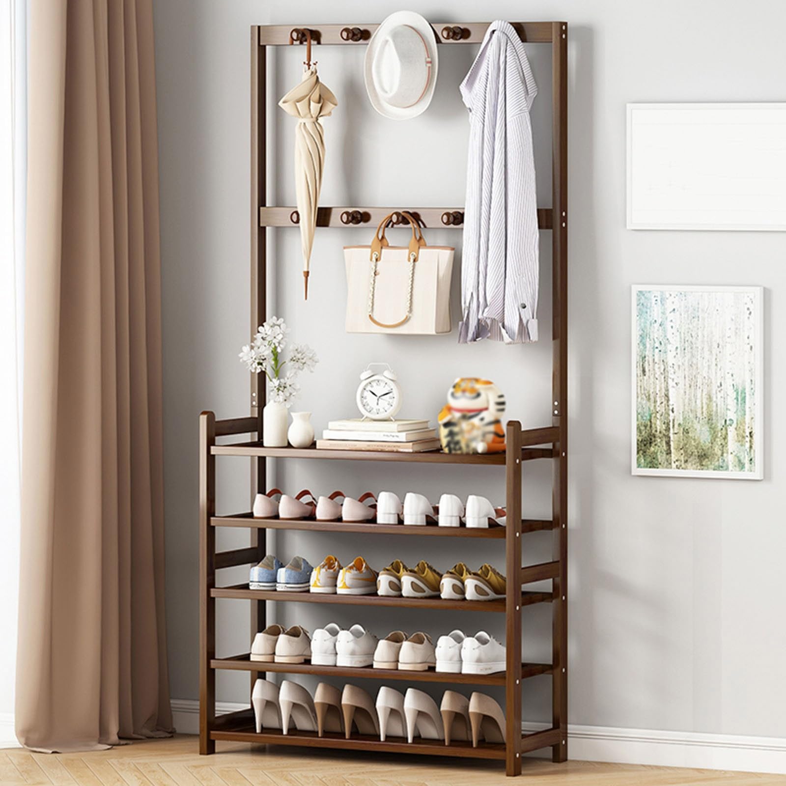 Étagère à chaussures et manteau meuble de rangement en bambou à 5 niveaux