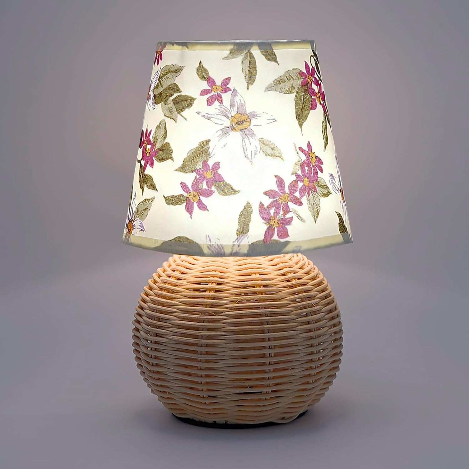 Vintage Small Wicker Lamp, Rattan Body Fabric Lampshade, Adjustable Light Color and Brightness with Power-Off Memory, Safe USB Powered, Boho Style Night Light for Bedroom Living Room (Red Flowers)
