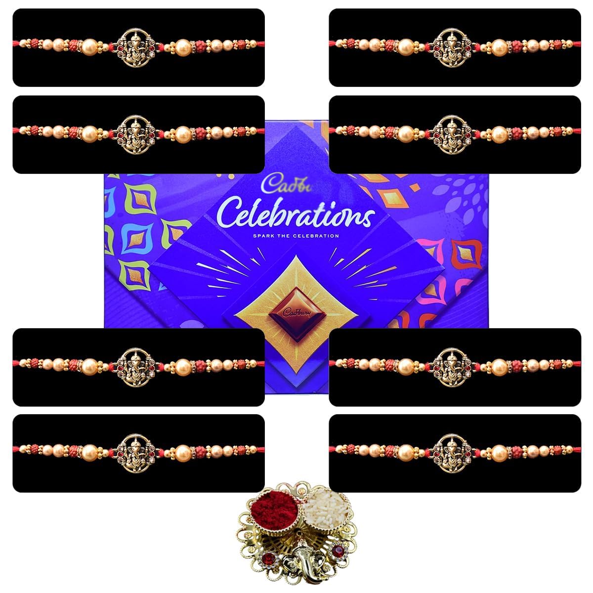 Saugat Traders Ganesh Ji Rakhi Set of 8 for Brother with Chocolate Hamper - Lord Ganesha good Luck Gift for Bhiya with Chocolate Gift - Religious Rakhee Combo for sibling with Roli Chawal Chopra